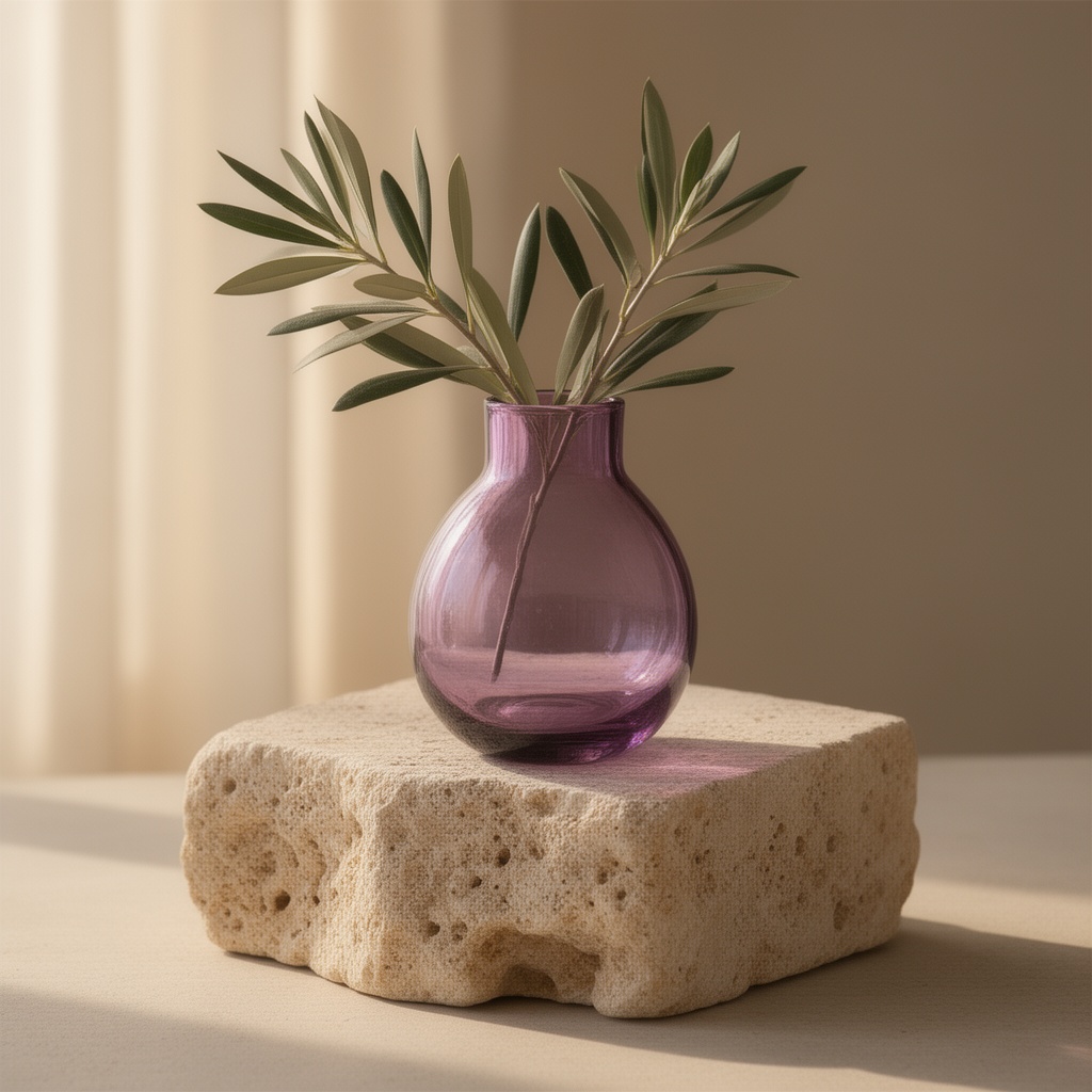 FLUX.2 generated example: a translucent violet vase with an olive branch on pale stone